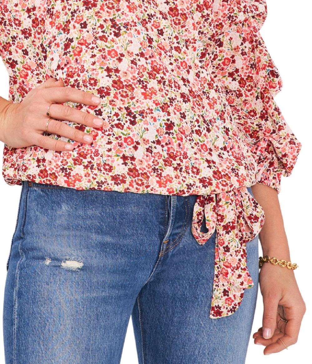 Blusa feminina Vince Camuto Sunset Ditsy com ombros de fora e manga bolha, marrom, tamanho extragrande