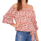 Blusa feminina Vince Camuto Sunset Ditsy com ombros de fora e manga bolha, marrom, tamanho extragrande