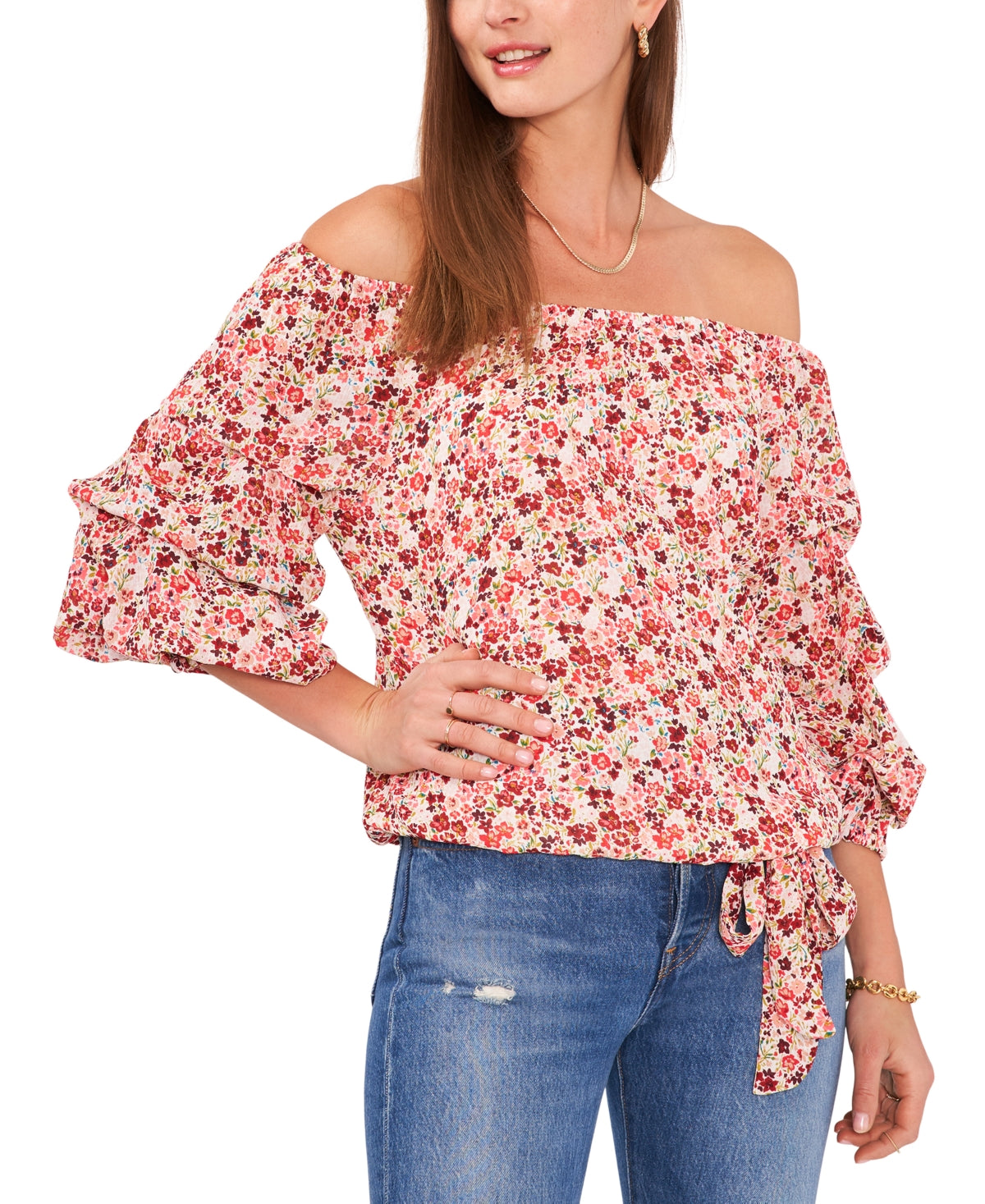 Blusa feminina Vince Camuto Sunset Ditsy com ombros de fora e manga bolha, marrom, tamanho extragrande