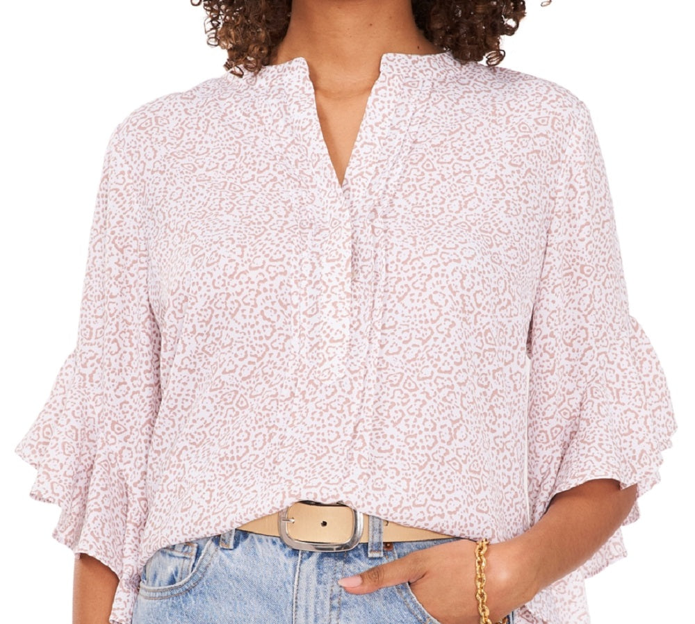 Blusa feminina Vince Camuto com estampa animal e mangas bufantes, marrom, tamanho médio