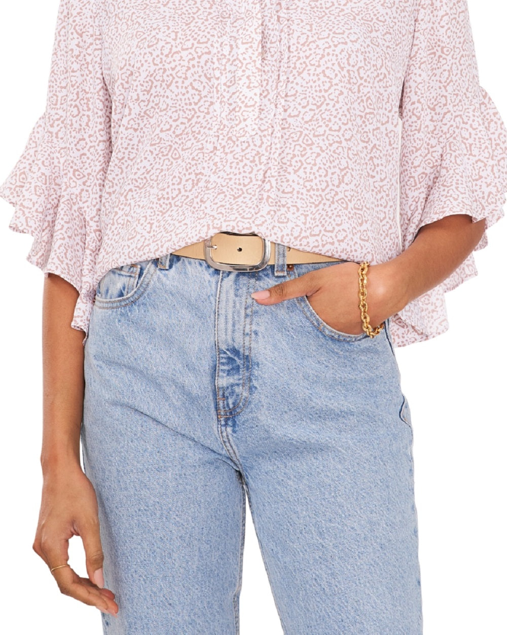 Blusa feminina Vince Camuto com estampa animal e mangas bufantes, marrom, tamanho médio