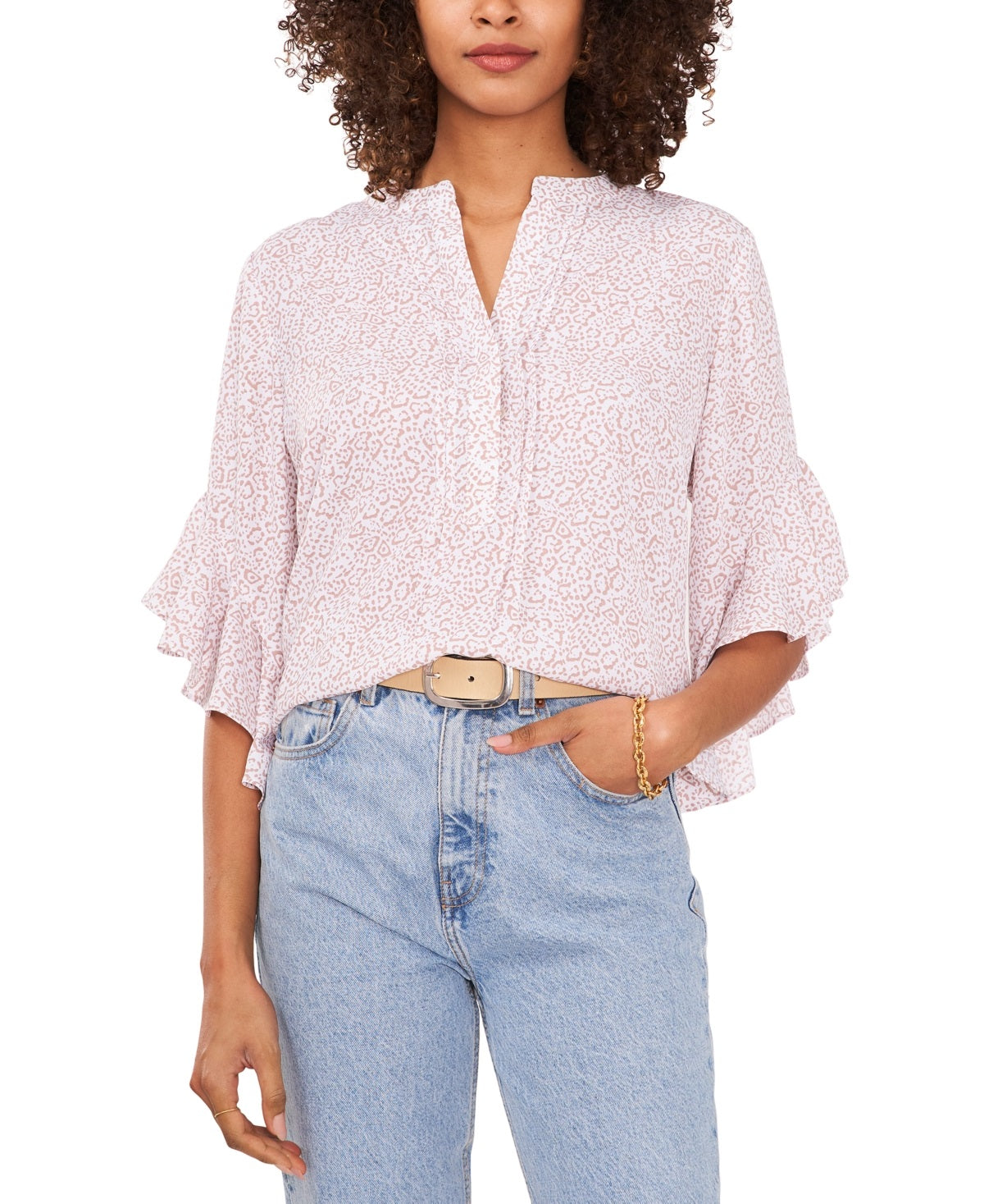 Blusa feminina Vince Camuto com estampa animal e mangas bufantes, marrom, tamanho grande