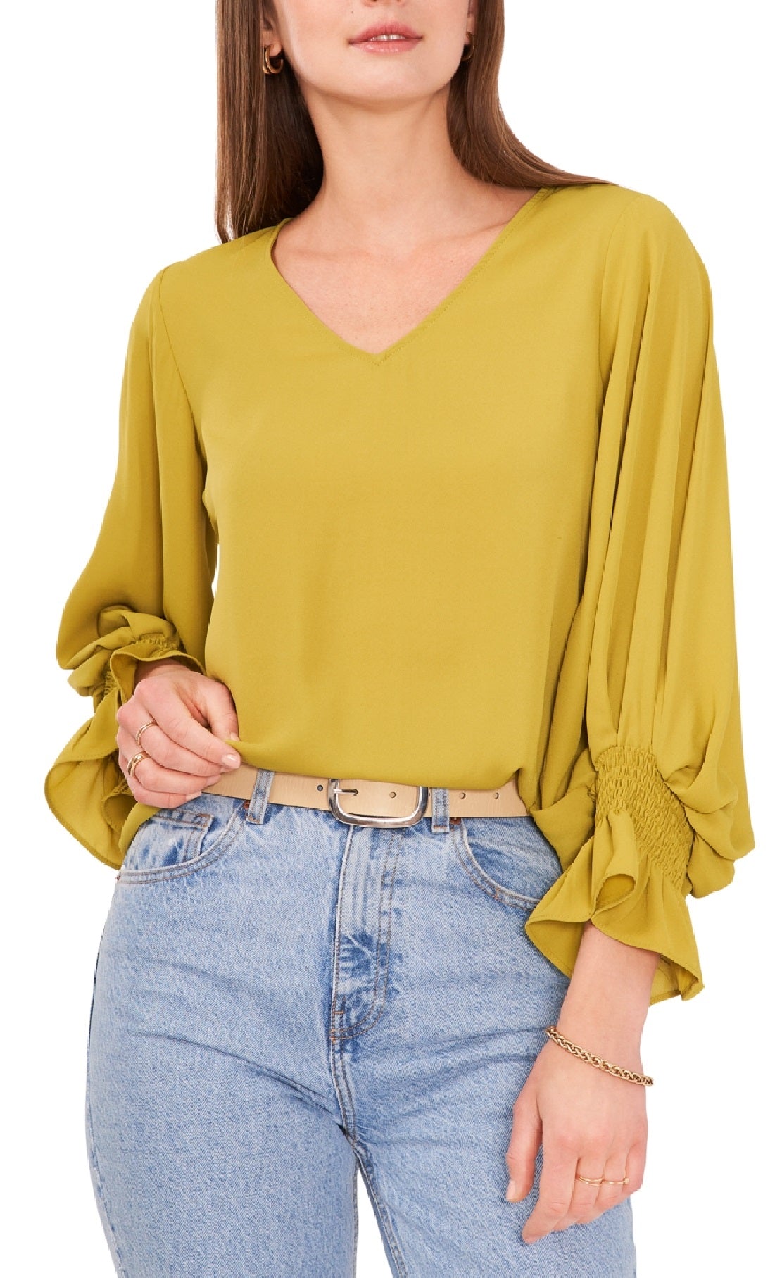 Vince Camuto Blusa feminina com manga sino, verde, tamanho grande