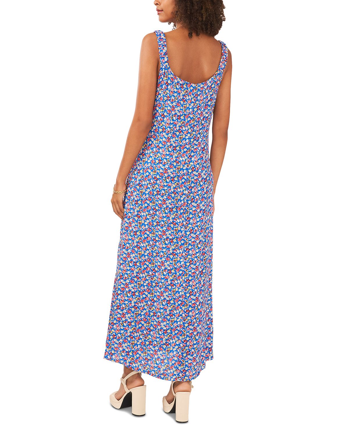 Vestido feminino Vince Camuto estampado com fenda e sem mangas, azul, tamanho médio
