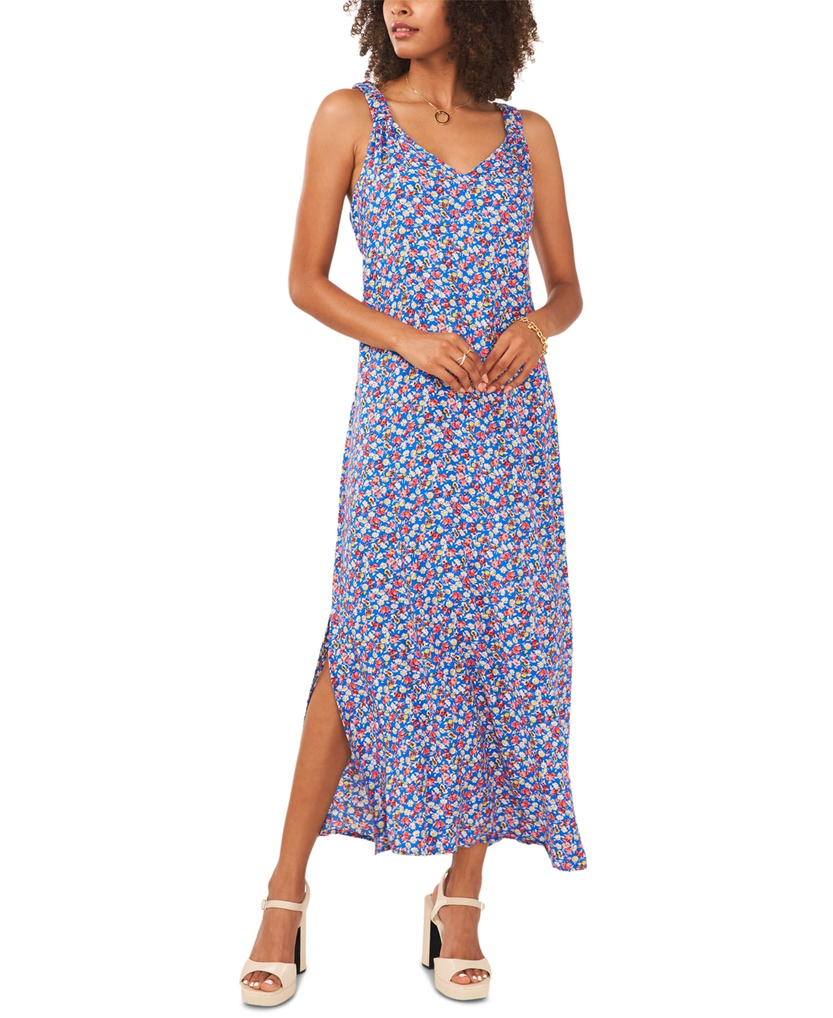 Vestido feminino Vince Camuto estampado com fenda e sem mangas, azul, tamanho médio
