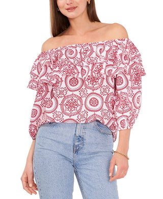 Vince Camuto Blusa feminina estampada ombro a ombro, branca, tamanho X-S