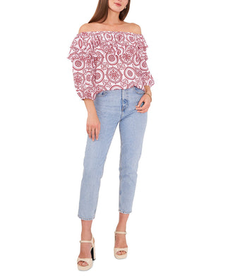 Vince Camuto Blusa feminina estampada ombro a ombro, branca, tamanho X-S