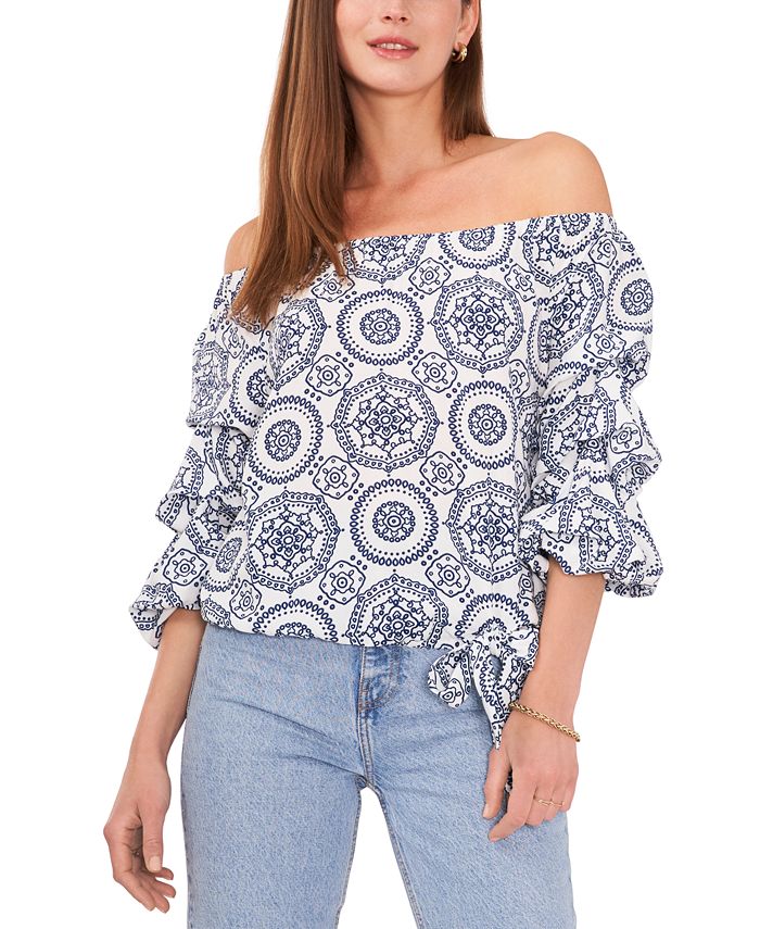 Blusa feminina Vince Camuto com estampa ombro a ombro, branca, tamanho grande