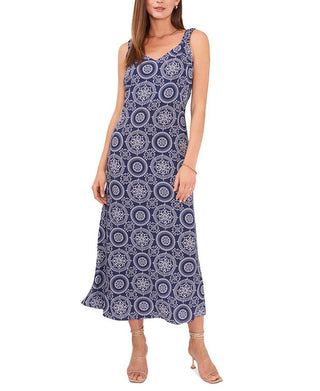 Vestido midi sem mangas estampado feminino Vince Camuto, azul, tamanho médio