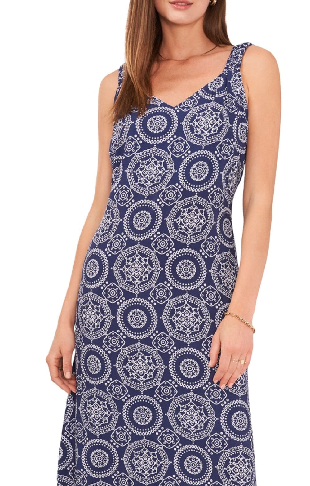 Vestido midi sem mangas estampado feminino Vince Camuto, azul, tamanho médio