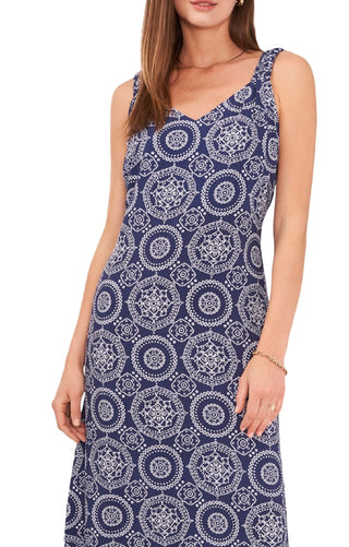Vestido midi sem mangas estampado feminino Vince Camuto, azul, tamanho médio