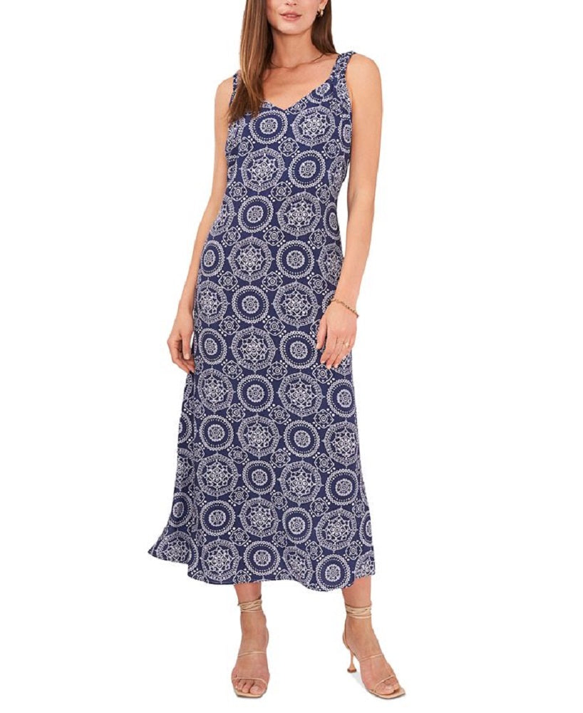 Vestido midi sem mangas estampado feminino Vince Camuto, azul, tamanho extragrande
