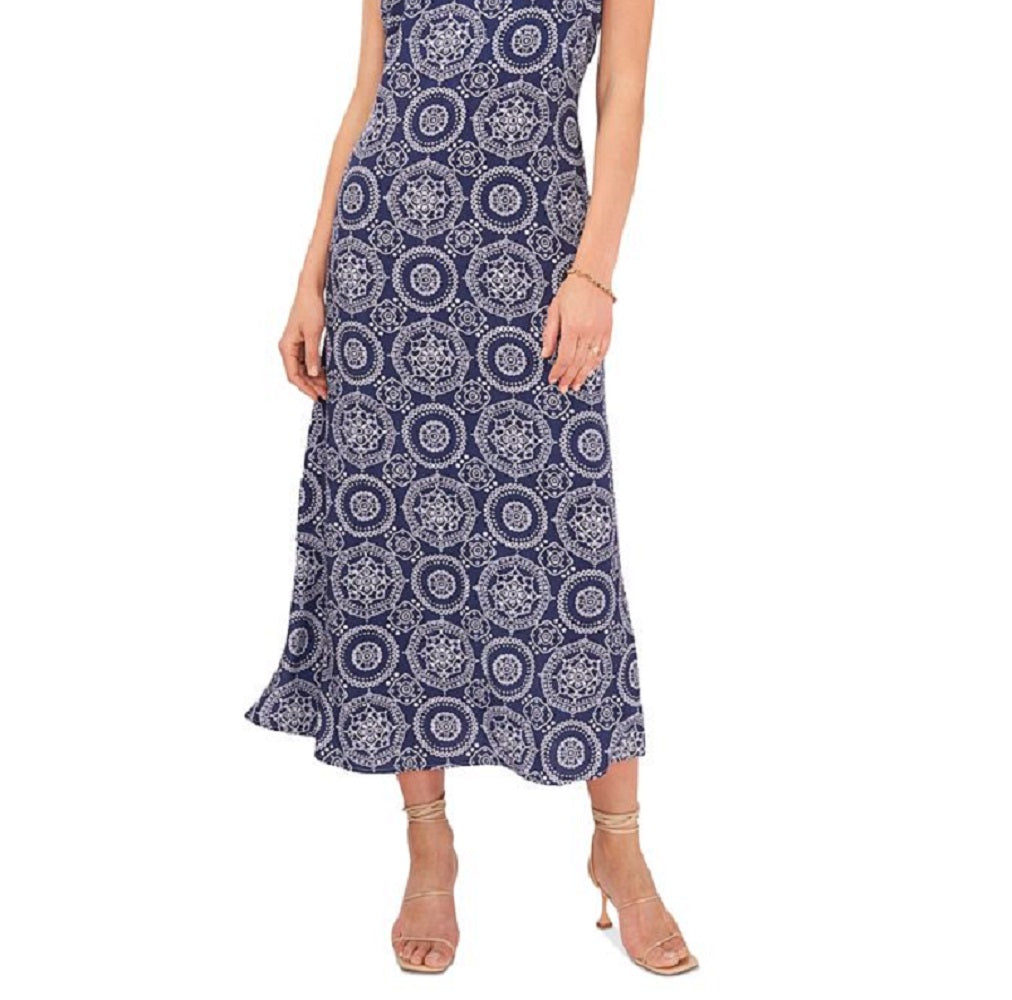Vestido midi sem mangas estampado feminino Vince Camuto, azul, tamanho extragrande