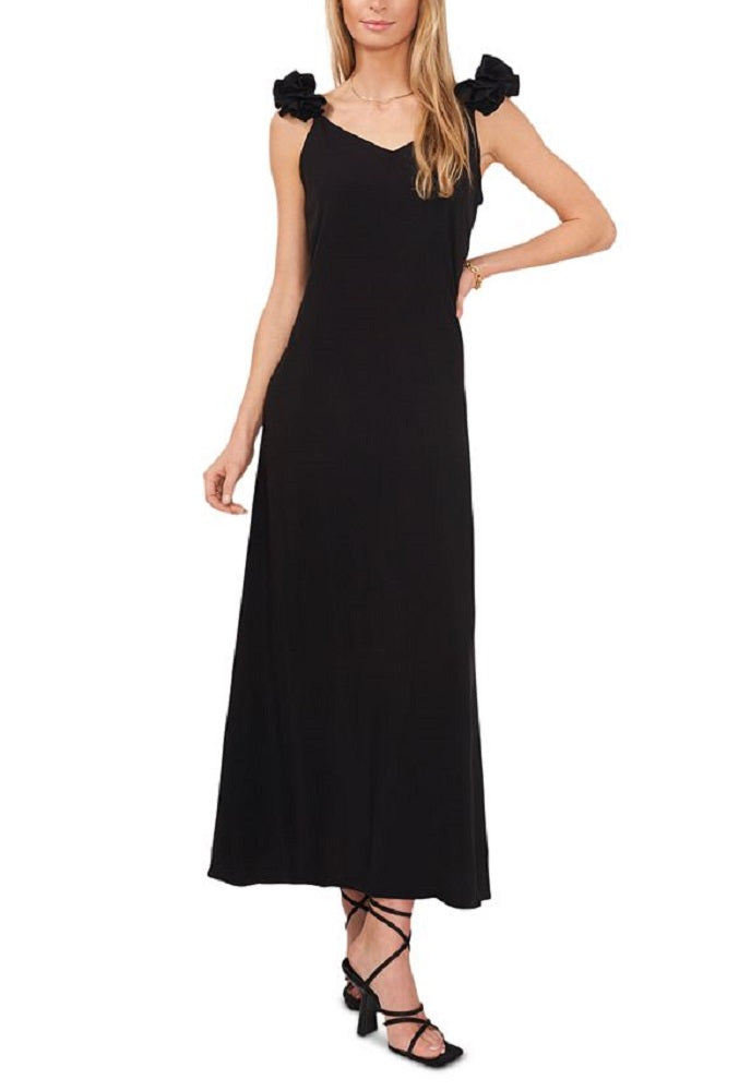 Vestido longo feminino Vince Camuto com alças franzidas e decote em V, preto