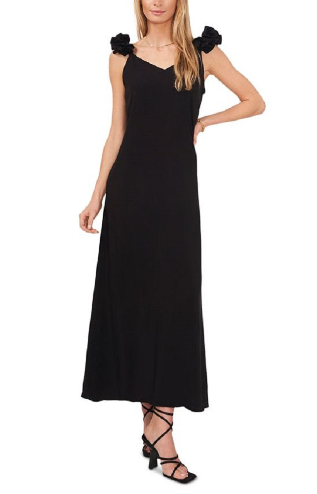 Vestido longo feminino Vince Camuto com manga franzida e calos, preto, tamanho extragrande