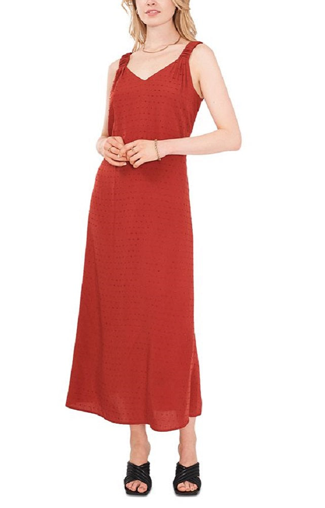 Vestido longo feminino Vince Camuto com decote em V e bolinhas, marrom