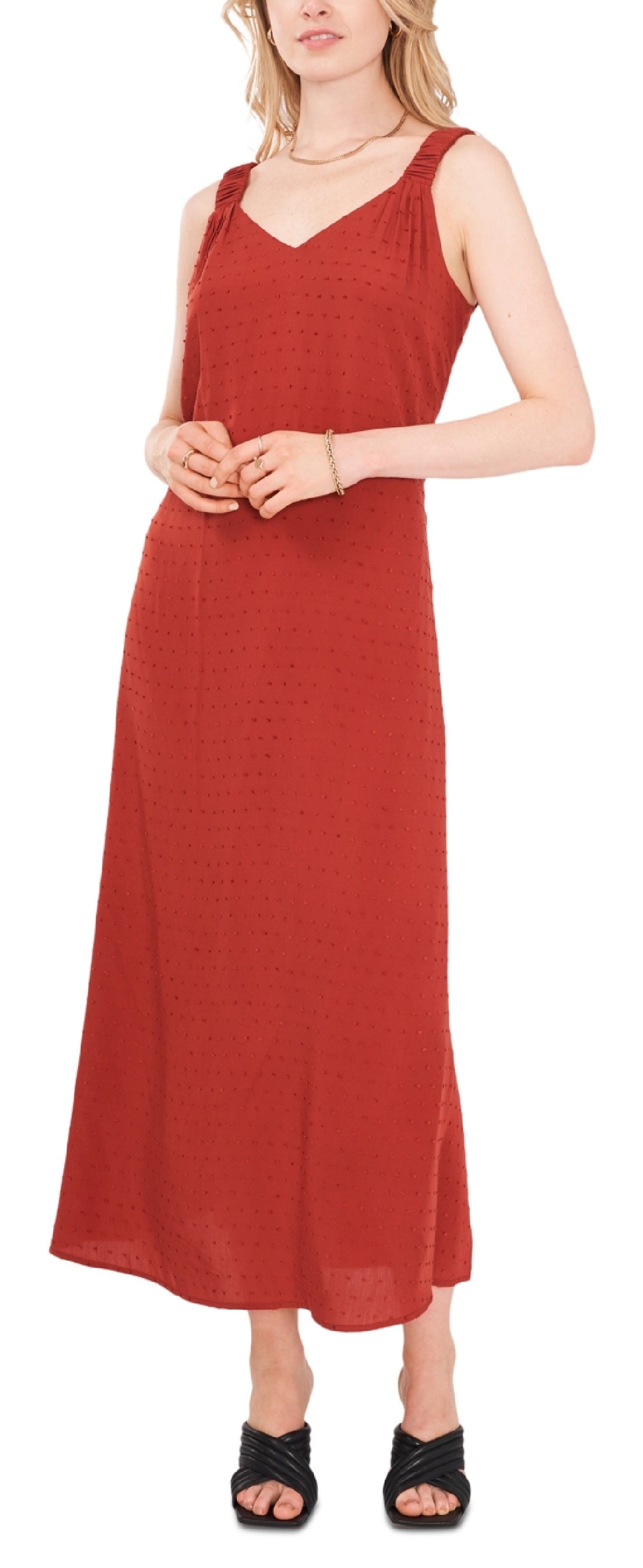 Vestido longo feminino Vince Camuto com decote em V e bolinhas, laranja, tamanho grande