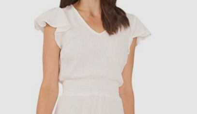Vestido feminino Vince Camuto com babados e cintura franzida, tamanho médio, branco