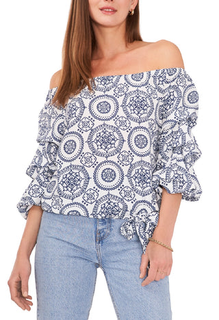 Top feminino estampado com ombros de fora e manga bolha Vince Camuto, rosa, tamanho 1X