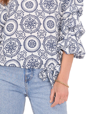 Top feminino estampado com ombros de fora e manga bolha Vince Camuto, rosa, tamanho 1X