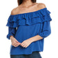 Blusa feminina Vince Camuto com babados e ombros à mostra, azul, tamanho médio