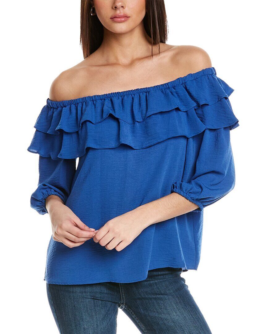 Blusa feminina Vince Camuto com babados e ombros à mostra, azul, tamanho médio