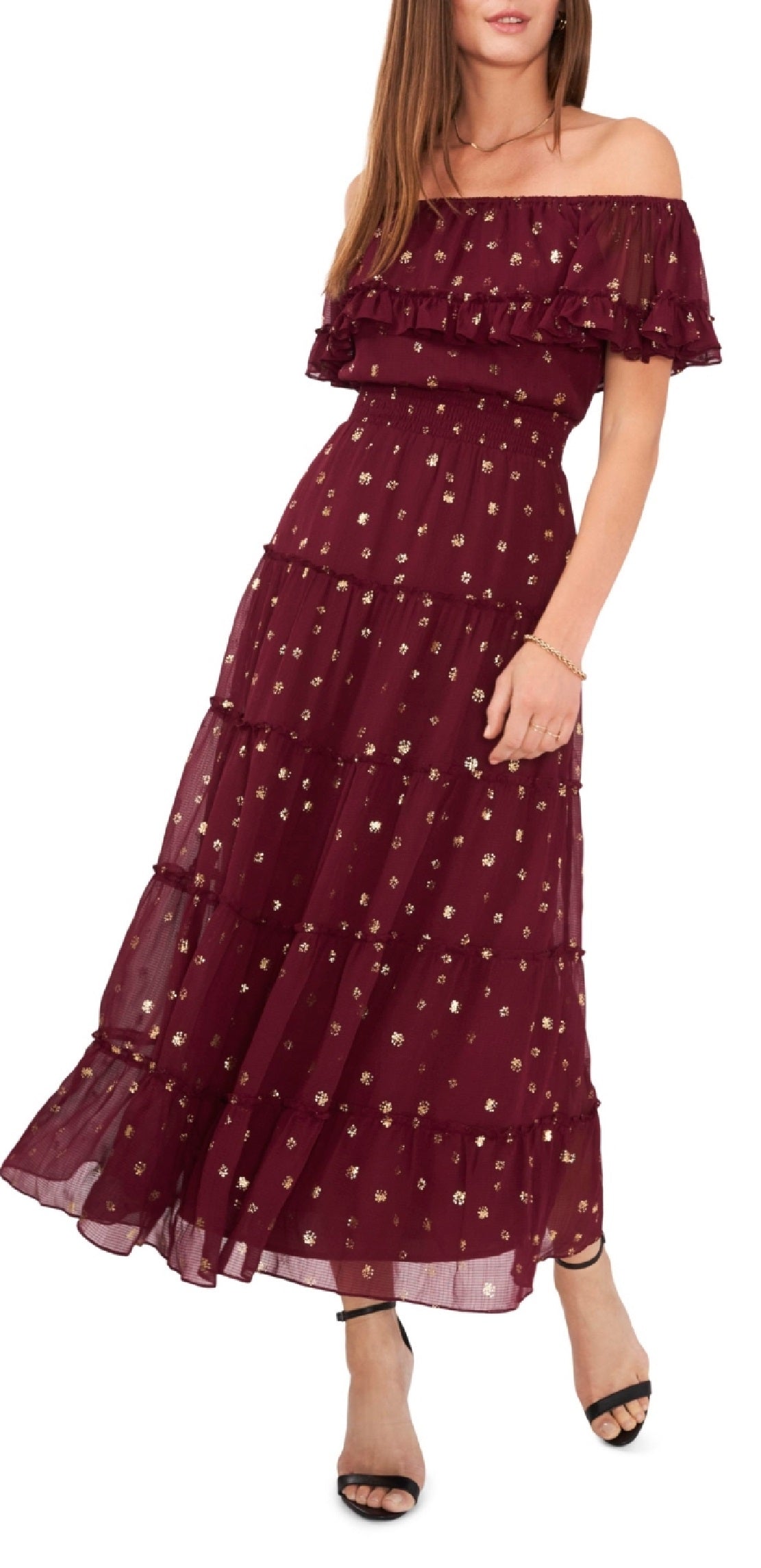 Vestido feminino Vince Camuto com decote em V e ombros de fora, roxo, tamanho X-G