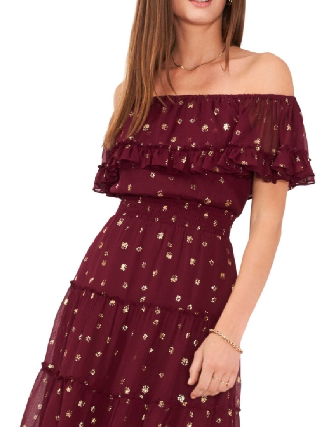 Vestido feminino Vince Camuto com decote em V e ombros de fora, roxo, tamanho X-G