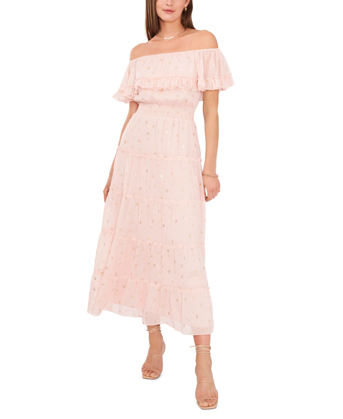 Vestido feminino Vince Camuto com decote em camadas e ombros de fora, rosa, tamanho extragrande