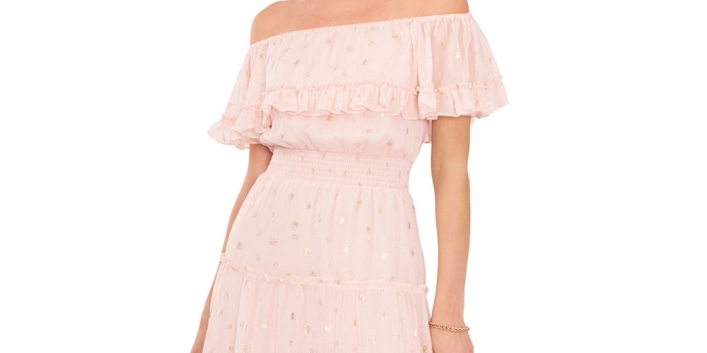 Vestido feminino Vince Camuto com decote em camadas e ombros de fora, rosa, tamanho extragrande