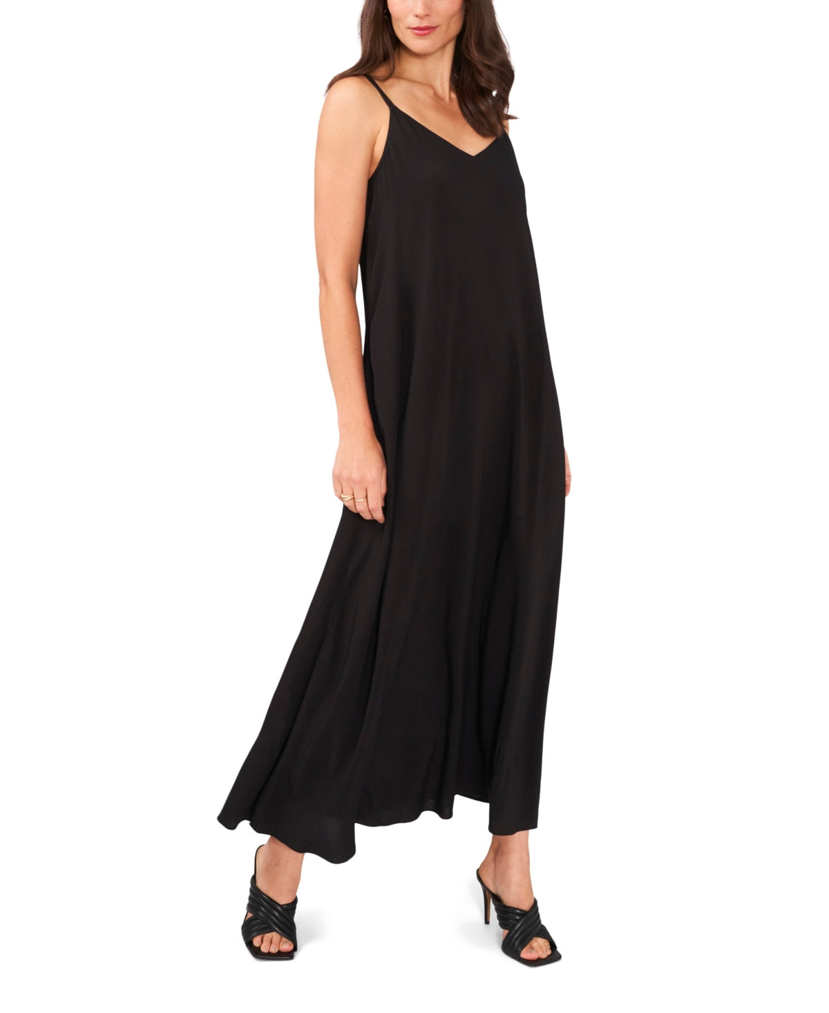 Vestido Challis com decote em V feminino Vince Camuto, preto, tamanho grande