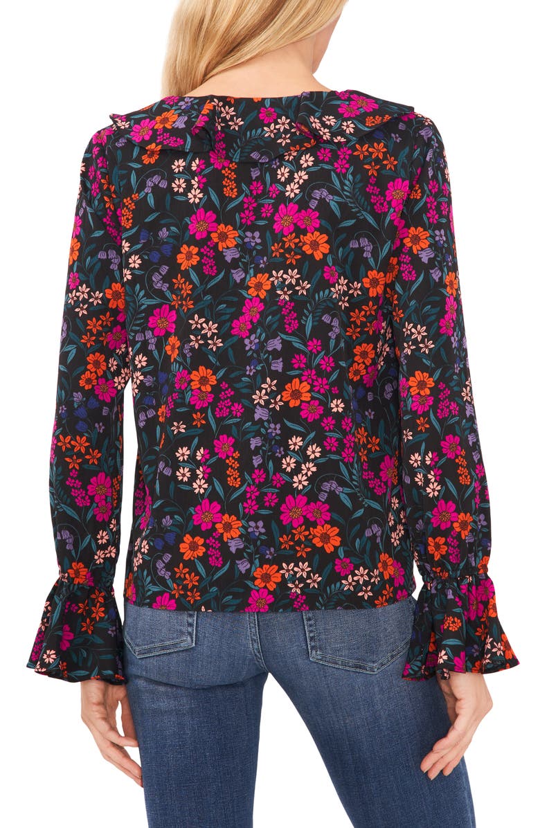Blusa feminina CeCe com estampa floral e babados, preta, tamanho médio
