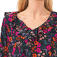 Blusa feminina CeCe com estampa floral e babados, preta, tamanho médio