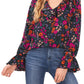 Blusa feminina CeCe com estampa floral e babados, preta, tamanho médio