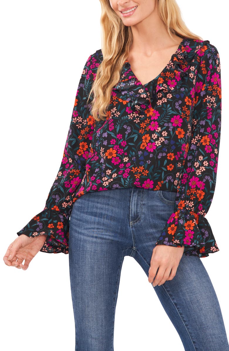 Blusa feminina CeCe com estampa floral e babados, preta, tamanho médio