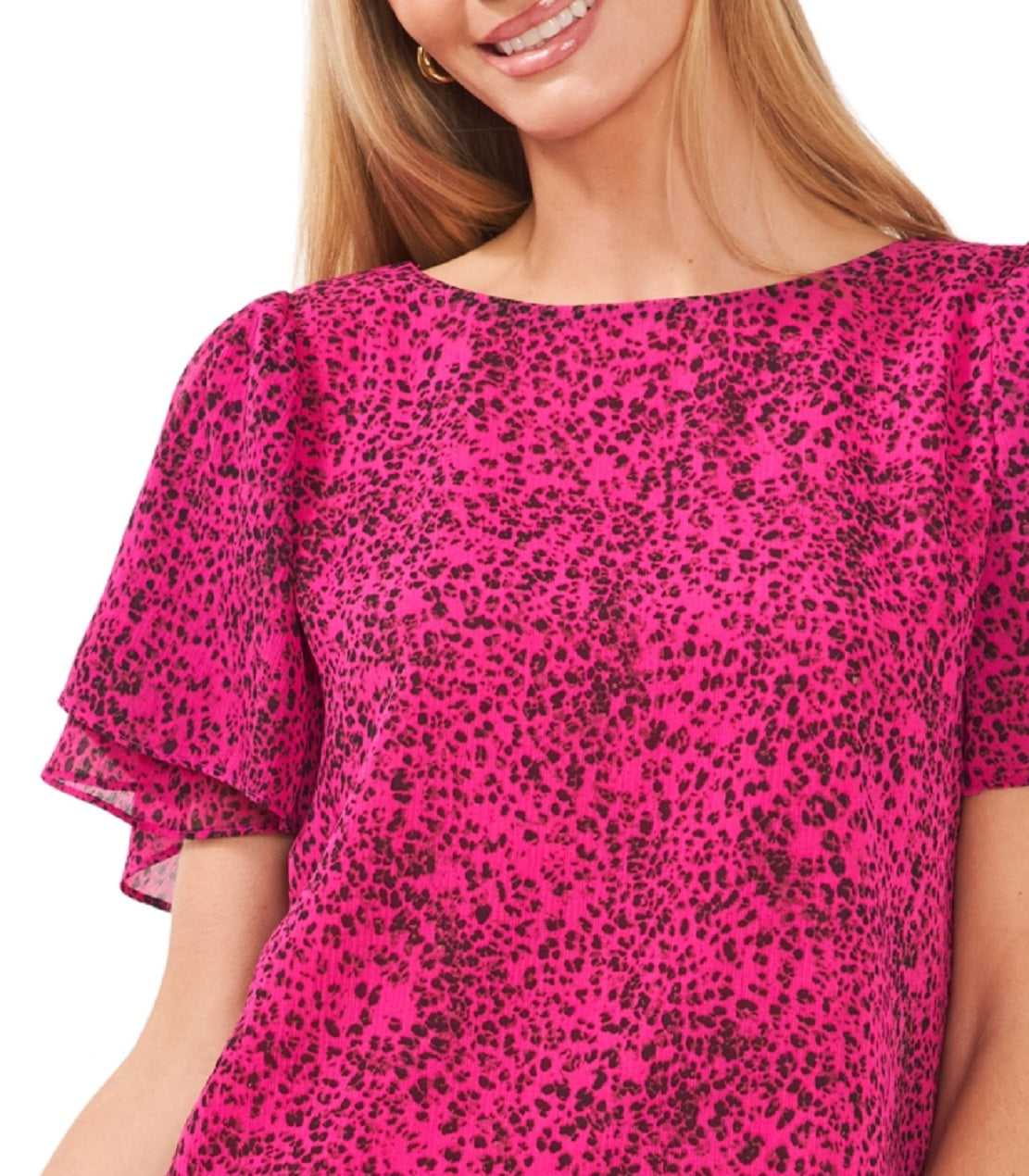 Blusa feminina Vince Camuto estampada com gola redonda e manga pétala, rosa, tamanho grande