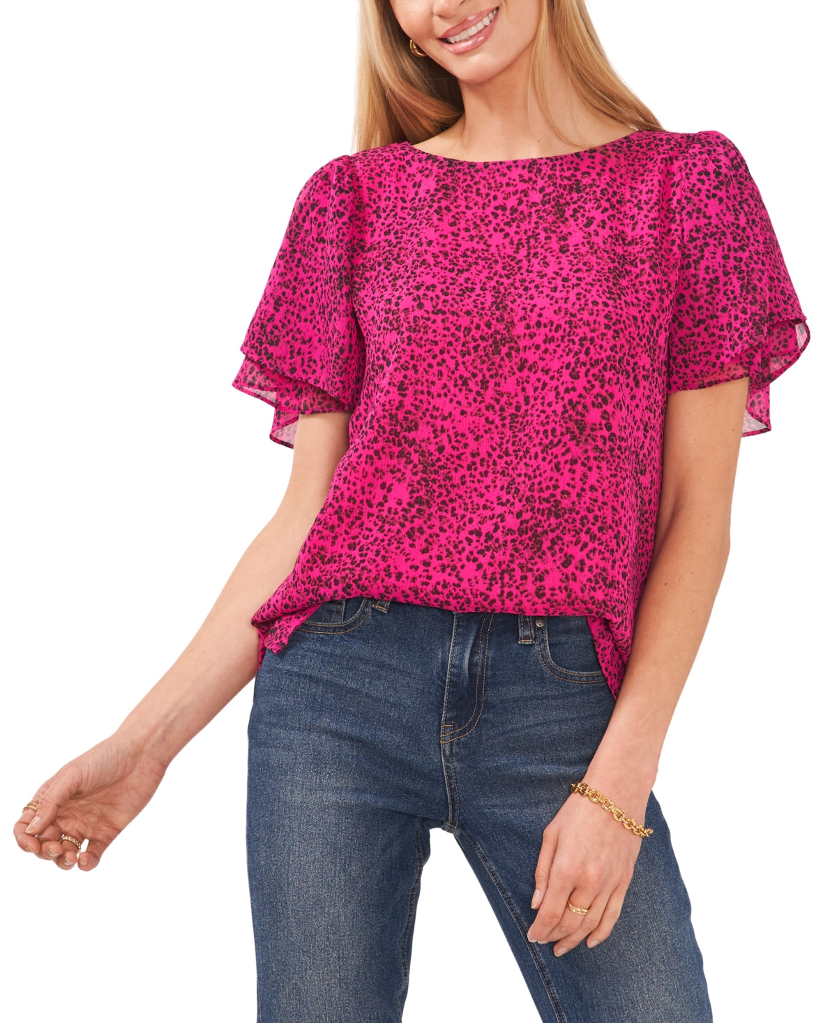 Blusa feminina Vince Camuto estampada com gola redonda e manga pétala, rosa, tamanho grande