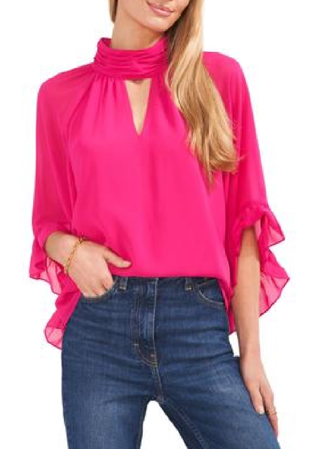 Top feminino Vince Camuto com recorte e mangas bufantes, rosa, tamanho grande