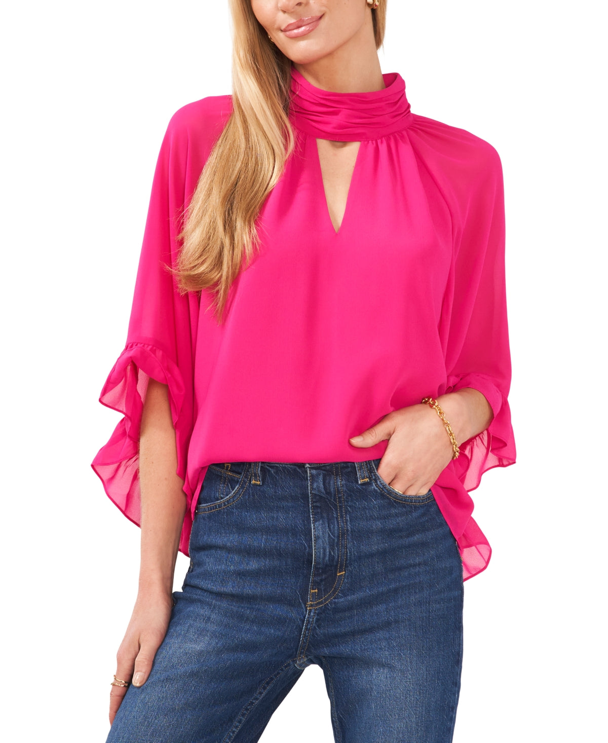 Vince Camuto Top feminino com recorte e mangas bufantes, rosa, tamanho extragrande