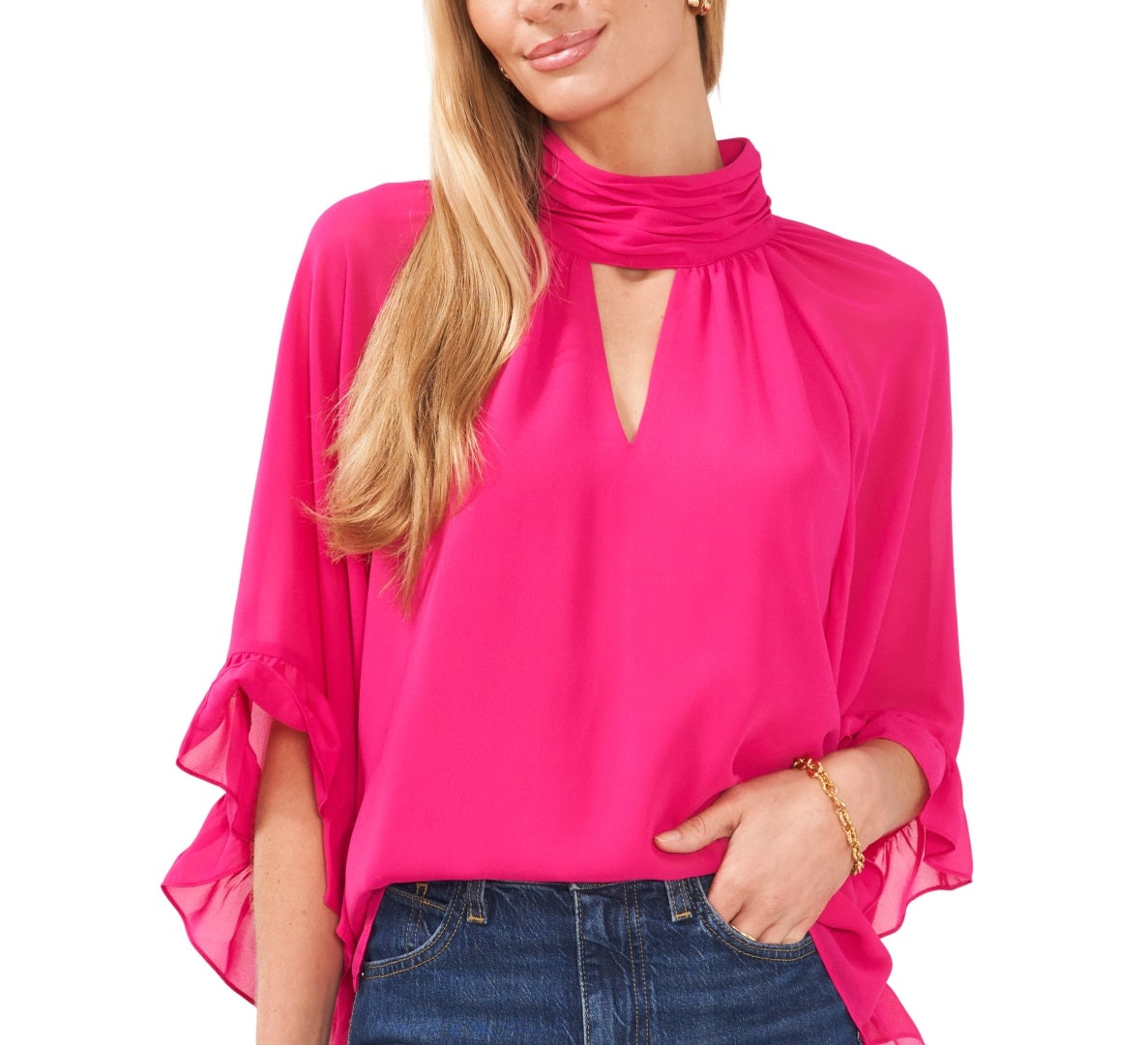 Vince Camuto Top feminino com recorte e mangas bufantes, rosa, tamanho extragrande