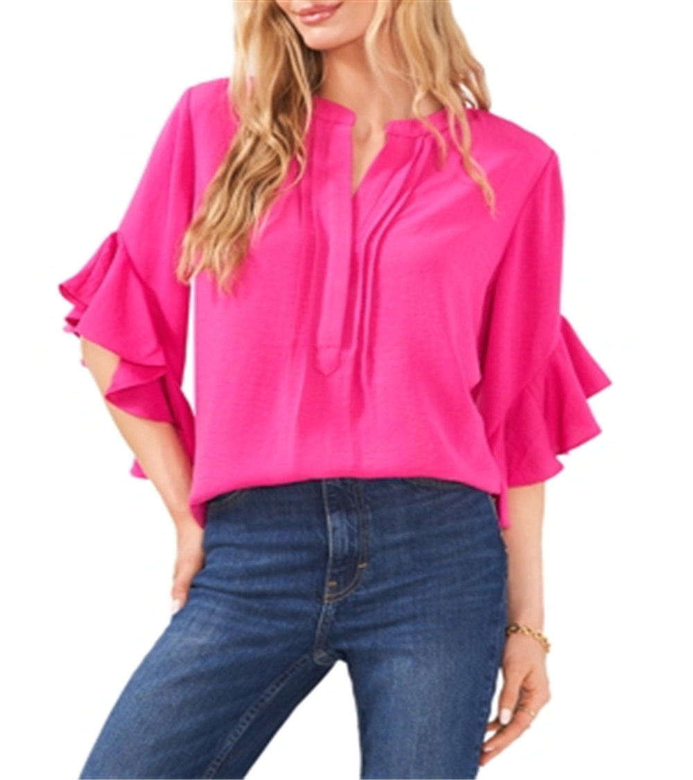 Blusa Vince Camuto com decote dividido e mangas com babados, rosa, tamanho GG