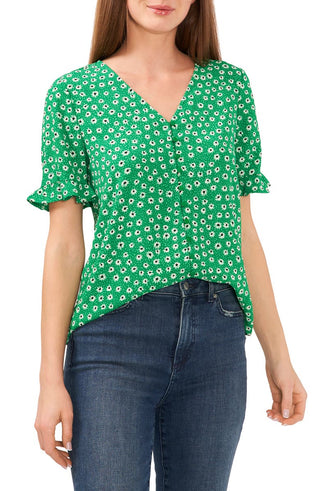 CeCe Women's Daisy Melody Ruffle Short Sleeve Blouse Green Size Large