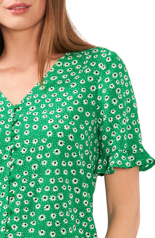 CeCe Women's Daisy Melody Ruffle Short Sleeve Blouse Green Size Large
