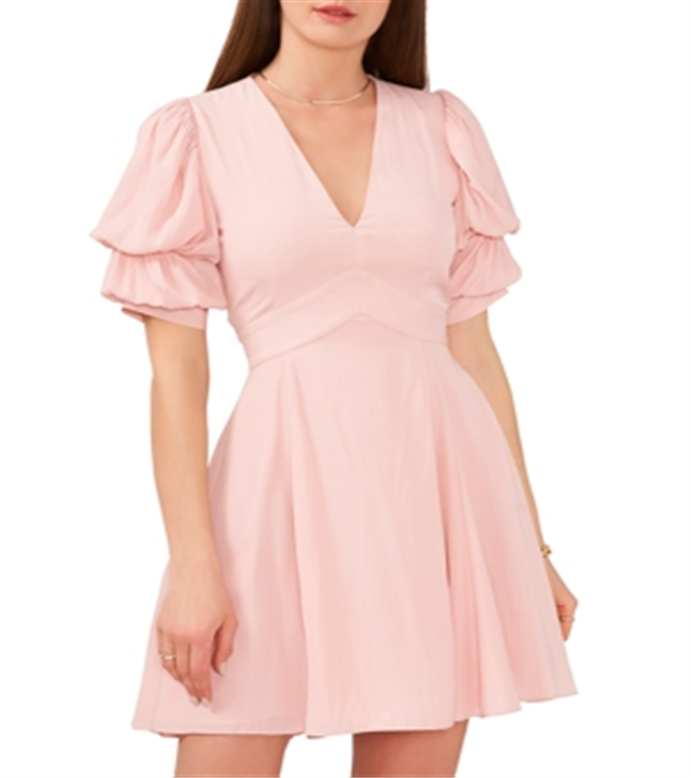 1.STATE Vestido feminino com manga bolha e decote em V rosa