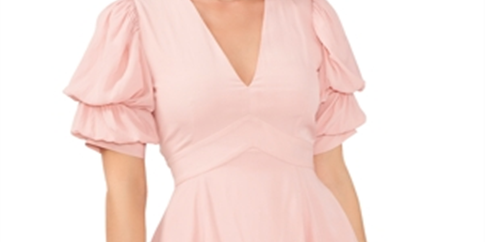 1.STATE Vestido feminino com manga bolha e decote em V rosa