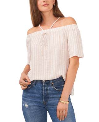 Vince Camuto Blusa feminina listrada ombro a ombro manga curta branca tamanho extragrande