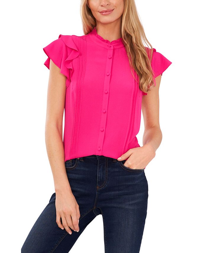 Blusa CeCe Feminina Pintuck Ruffle Manga Curta Rosa Tamanho Médio
