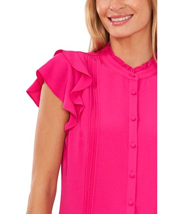 Blusa CeCe Feminina Pintuck Ruffle Manga Curta Rosa Tamanho Médio