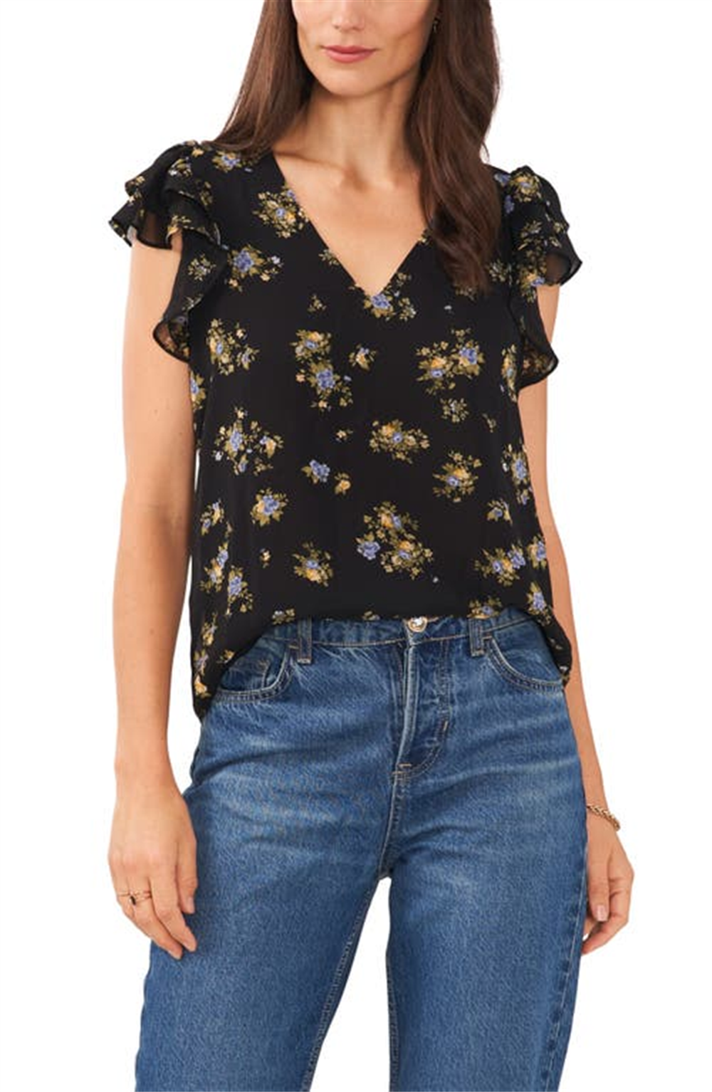 1. STATE Top de chiffon com decote em V e mangas esvoaçantes em estilo vintage Garden, tamanho XS