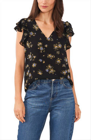 1. STATE Top de chiffon com decote em V e mangas esvoaçantes em estilo vintage Garden, tamanho XS